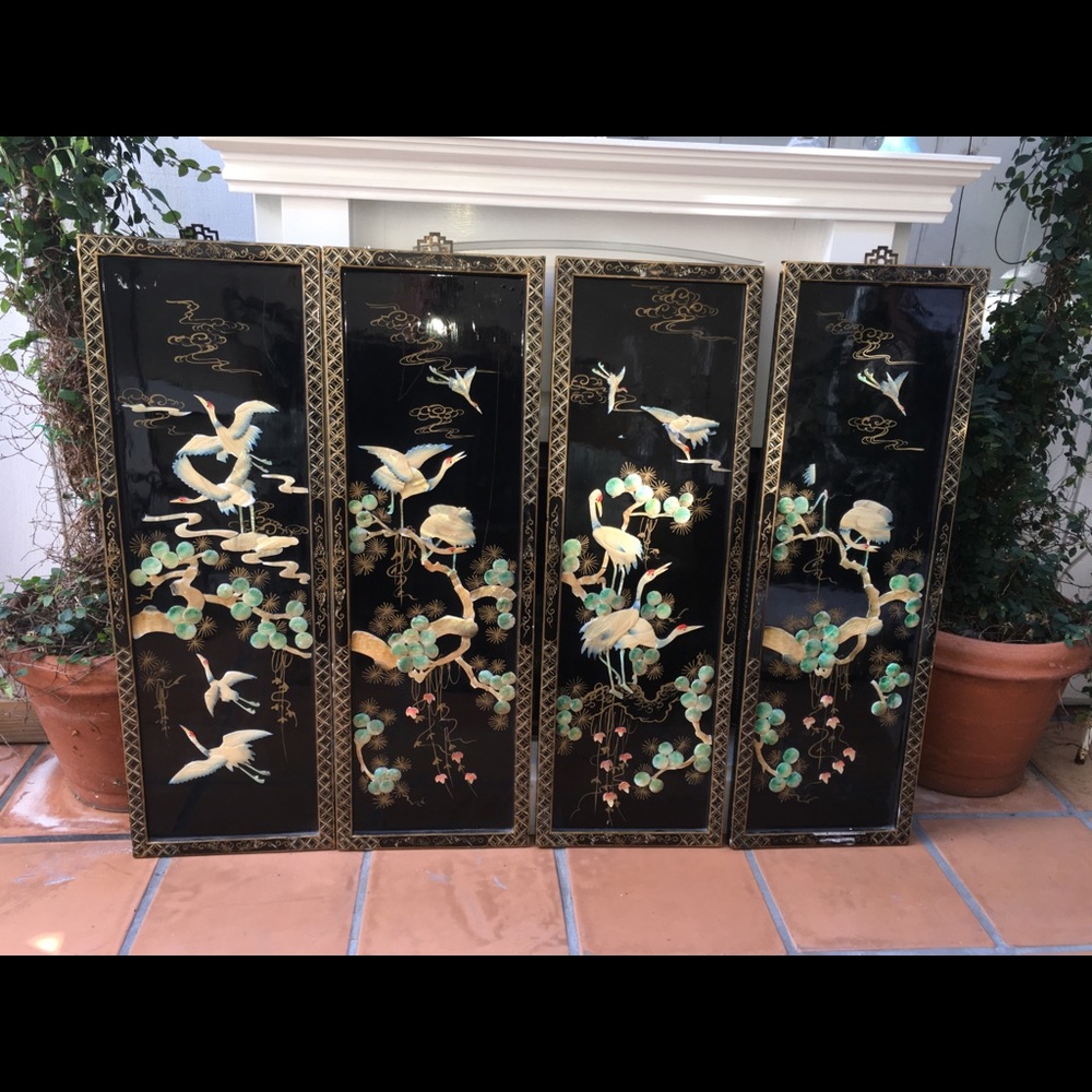Set of 4 Antique Chinese Wood Screens with Shell